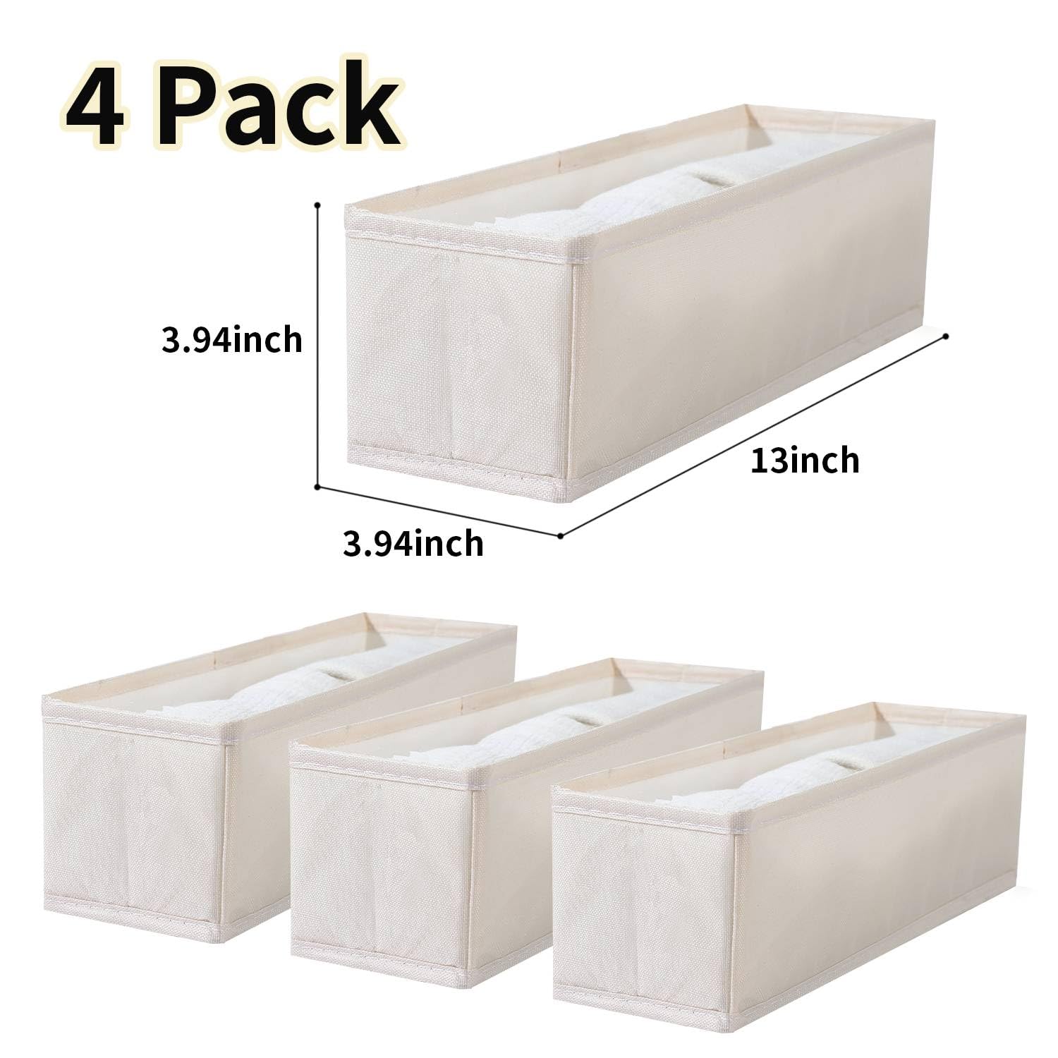 Tuza 4 Pack Dresser Organizer, Small Baskets for Organizing, Fabric Narrow Storage Bins, Foldable Underwear Organizer for Drawer, Dresser, Closet, Shelf, White