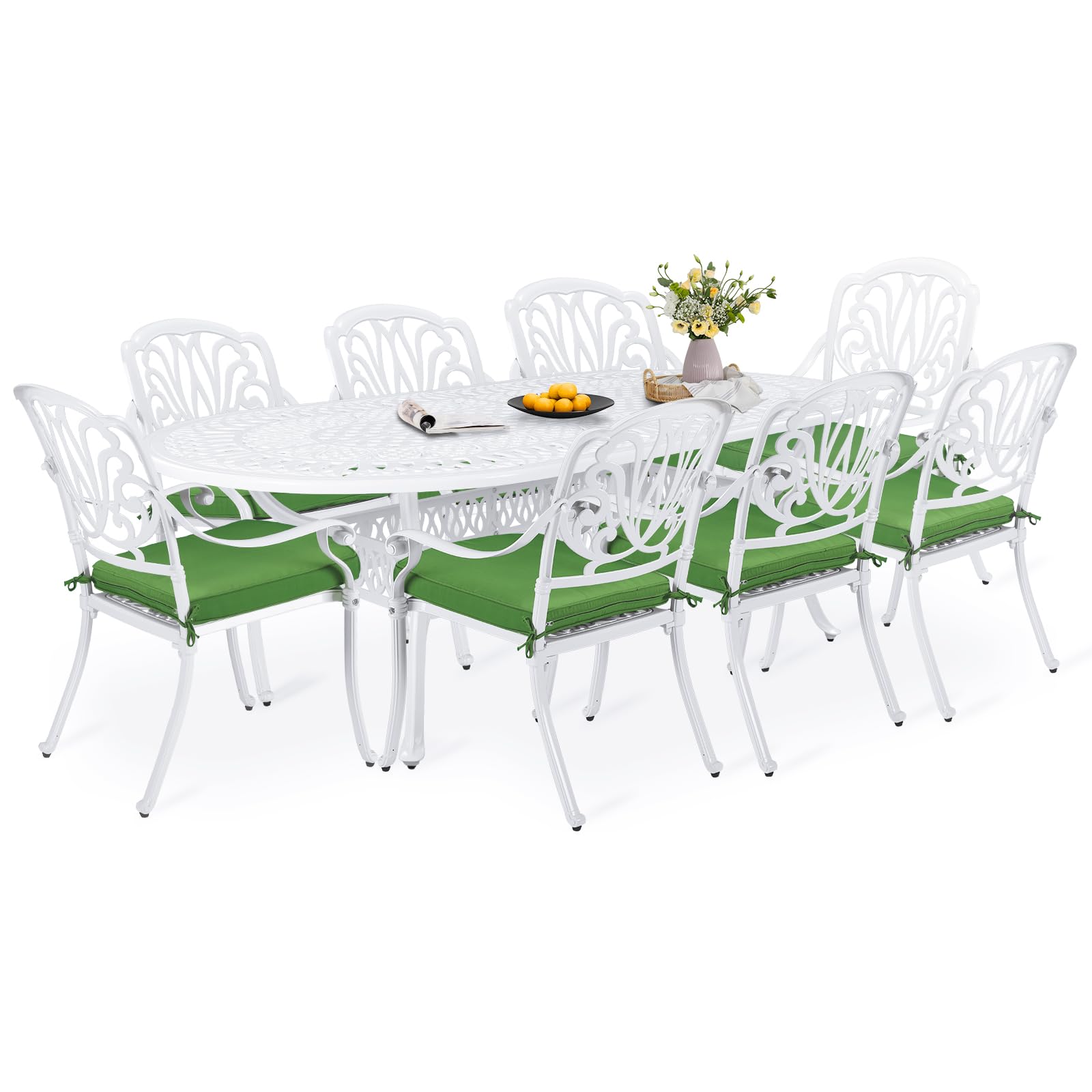 W WARMHOL 9-Piece Patio Dining Set, Outdoor Patio Table and Chair Set of 84” Oval Cast Aluminum Dining Table with Umbrella Hole and 8 Outdoor Dining Cushion Chairs, Patio Funiture Set, White