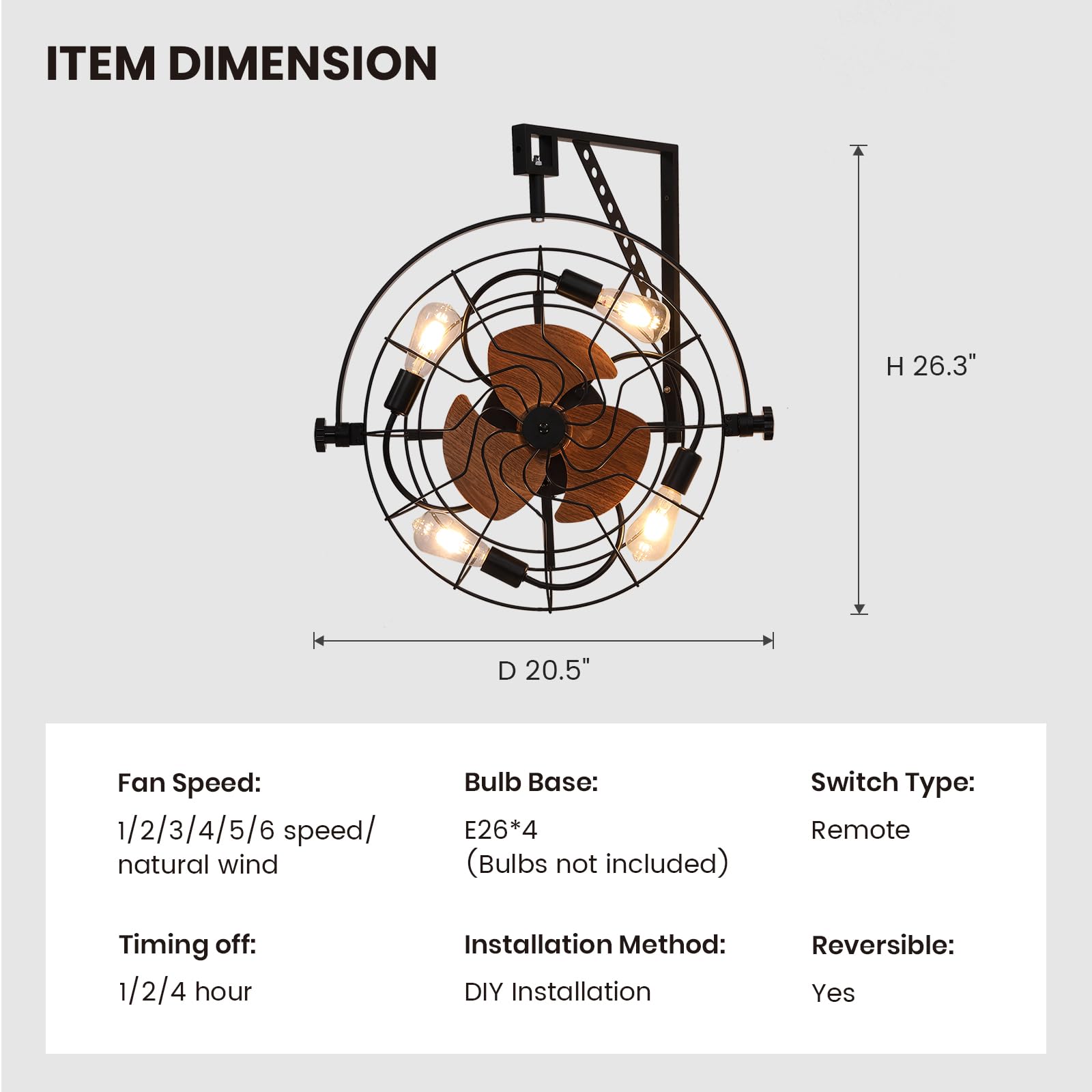 Moooni 20" Fansconce, 6-Speed Wall Mount Fan,Timable Caged Ceiling Mount Fan with Remote and Light, Industrial Outdoor/Indoor Wall Mounted Fan for Patio, Garage, Toolroom, Warehouse, Greenhouse, Barn