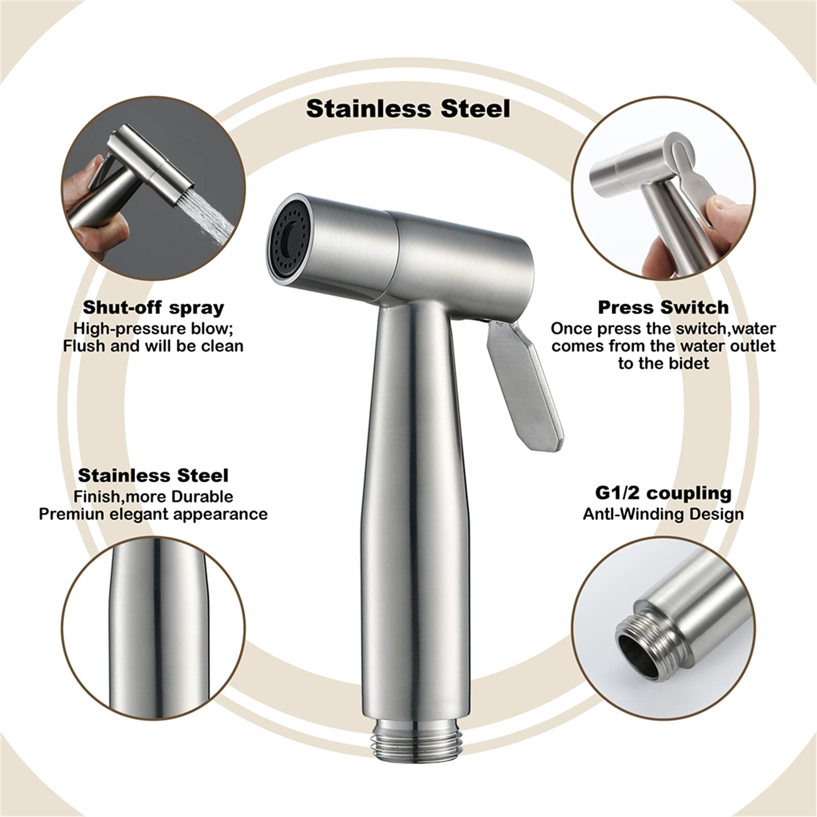 Handheld Toilet Bidet Sprayer, Stainless Steel Bidet Faucet, Bathroom Wall Mount Sprayer, Self Cleaning Bidet Hygienic Shower,Gun Metal Gray (Color : Brushed)