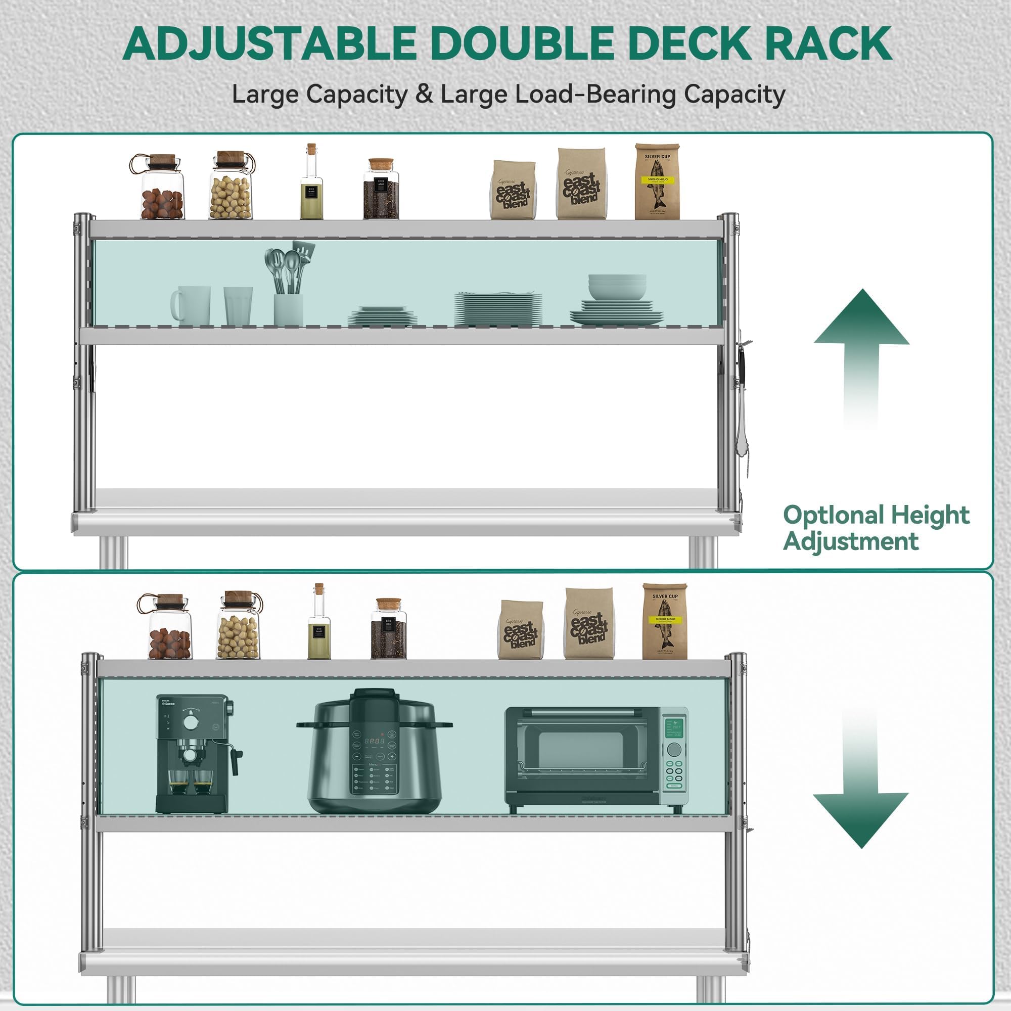 YITAHOME 60" x 12" Stainless Steel Overshelf, 2 Tier Overshelf with Hook, Adjustable Commercial Double Overshelf for Kitchen Prep Table Restaurant and Workshop