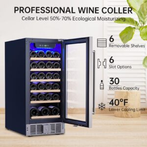 Takywep 30 Bottles Wine Fridge Under Counter, 15 Inch Wine Cooler with 40～60°F Digital Temperature Control, Safety Lock, All Wood Removable Shelves, Stainless Steel+Glass Door, Built-In Wine Cellars