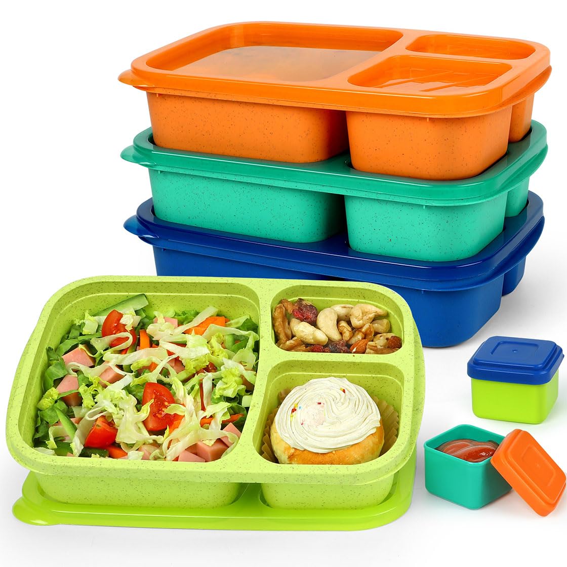 Caperci Bento Lunch Box Containers for Adults & Kids - 3-Compartment Reusable Meal Prep Containers with 2Pc Sauce Containers for School, Work, Travel, Wheat Straw, Set of 4 (Jewel Brights)