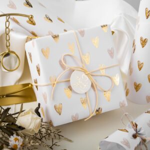 MAYPLUSS Foil Hearts Wrapping Paper Roll - 17 Inch X 33 Feet - Luxury Metallic Golden Heart Design Holiday Gift Wrap Present Paper for Valentine’s Day, Birthdays, Wedding, Anniversaries