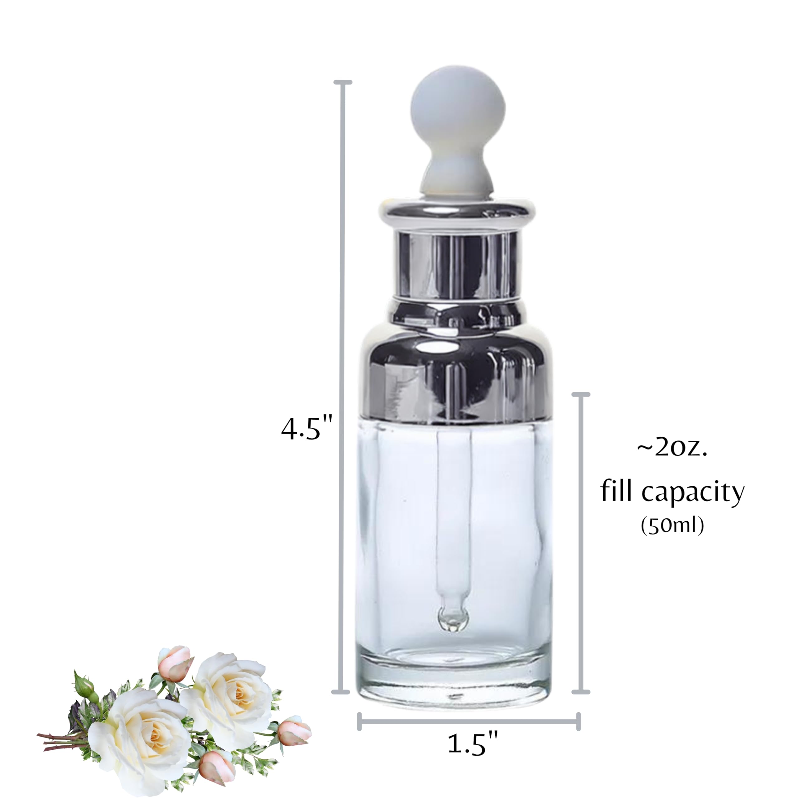 Luxury Clear Glass Dropper Bottles - Thick 2oz (50ml) Leakproof Eye Dropper Bottles for Essential Oils, Perfumes, Face Serums, Beauty & Personal Care, Tinctures, Travel (2oz. Silver)