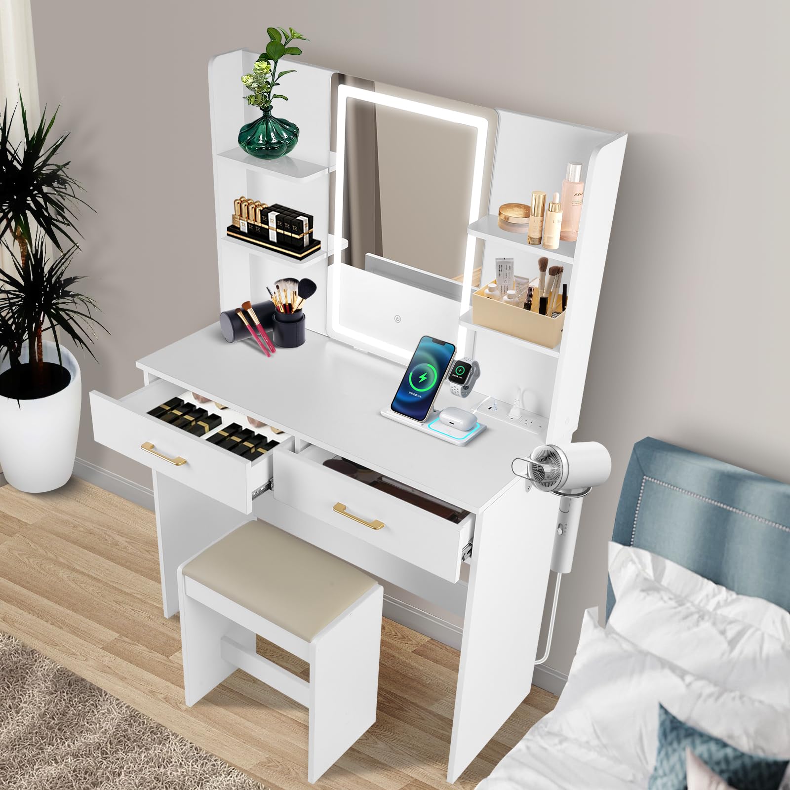 QUALIKRAFT Vanity Set with Mirror and Stool and Lights, Vanity Desk with Mirror & Power Outlet,Vanity Desk with Drawers, White Vanity with Lighted Mirror，Dressing Table Set with 2 Large Drawers