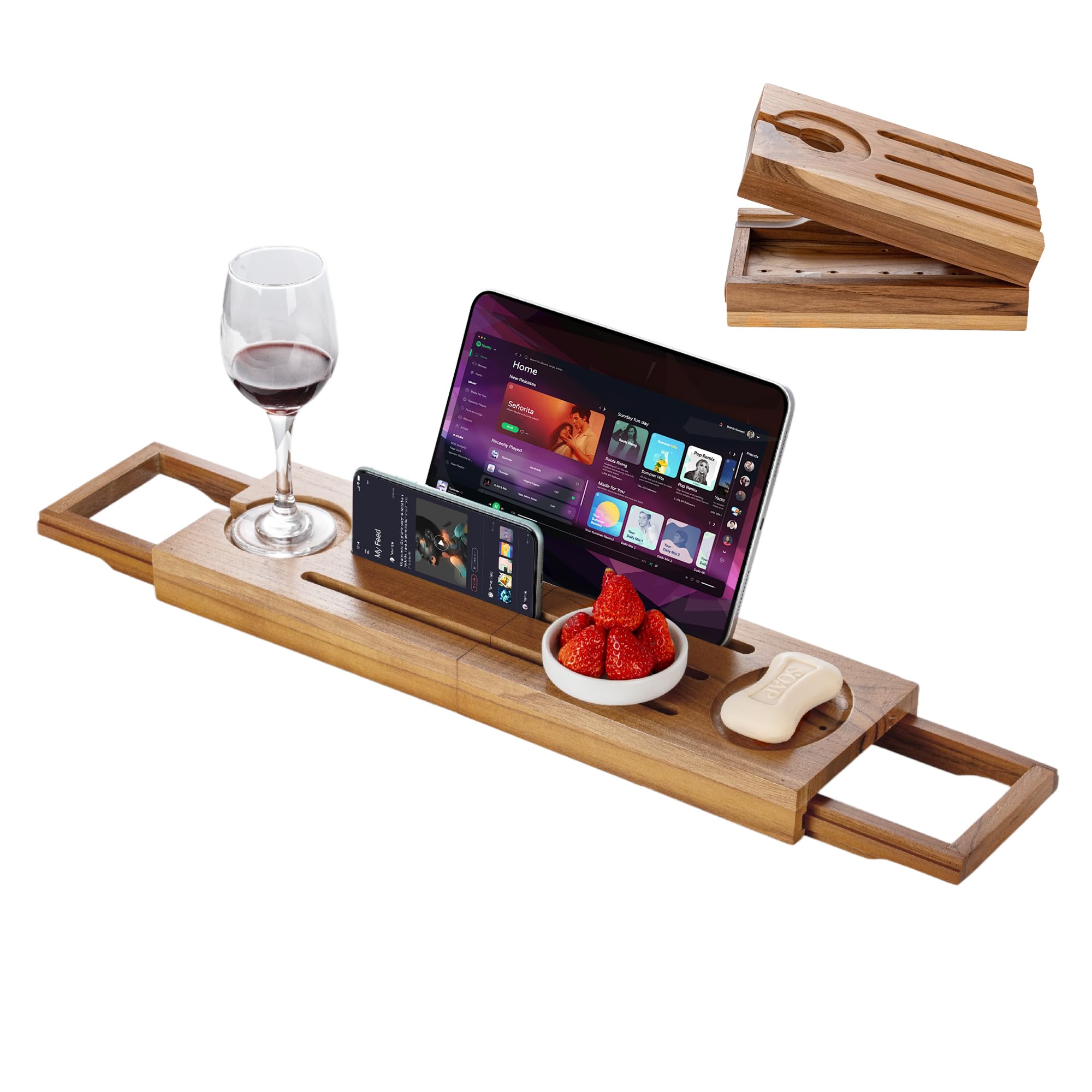 Foldable Teak Bathtub Tray with Expandable Handles - Luxury Small Bathtub Caddy with Wine Glass & Phone Holder for Spa Relaxation & Bath Tub Accessories