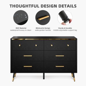 DWVO Black 6 Drawer Dresser, 47" W Large Double Dresser Chest of Drawers, Modern Wood Storage Dresser Organizer with Golden Metal Handles & Anti-Tipping Device for Hallway, Entryway, Dresser Room