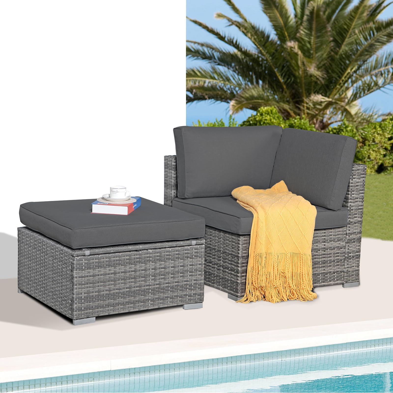 Patiorama 2-Piece Patio Furniture Sofa Set, Outdoor Sectional Sofa, All-Weather Grey PE Wicker Rattan Conversation Set, Outdoor Loveseat, Patio Seating for Balcony Garden Pool (Dark Grey Cushion)