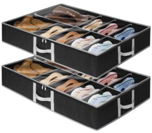 boailydi under bed shoe storage, 2 pack adjustable velcro shoe organizer under bed with bottom & side support, sturdy structure underbed shoe storage container with cover, space-saving shoe box