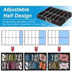 boailydi Under Bed Shoe Storage, 2 Pack Adjustable Velcro Shoe Organizer Under Bed With Bottom & Side Support, Sturdy Structure Underbed Shoe Storage Container with Cover, Space-Saving Shoe Box