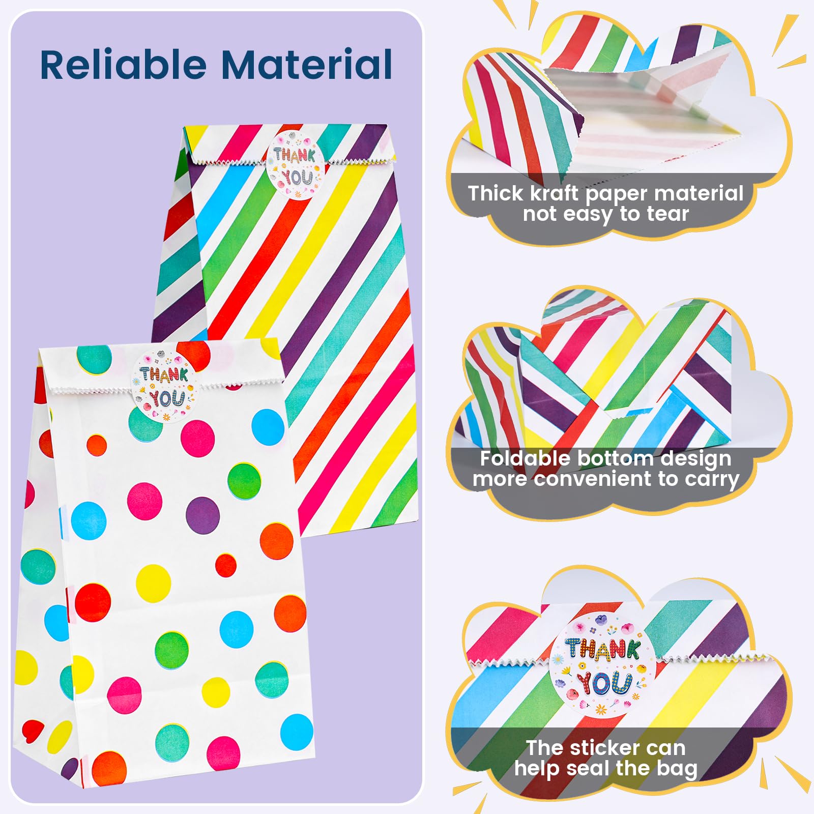 TOXOY 24PCS Party Favor Bags, Treat Bags with Stickers Colorful Stripe Dot Gift Bags for Kids Birthday Party Baby Showers 4.7" x 3.1" x 8.7"