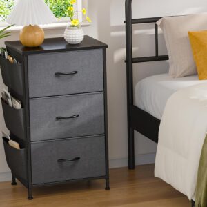 EnHomee Nightstand with 3 Drawers, Night Stand for Bedroom, Bedside Table with Wooden Top, Sturdy Steel Frame End Table, Small Dresser for Bedroom, Living Room, Grey