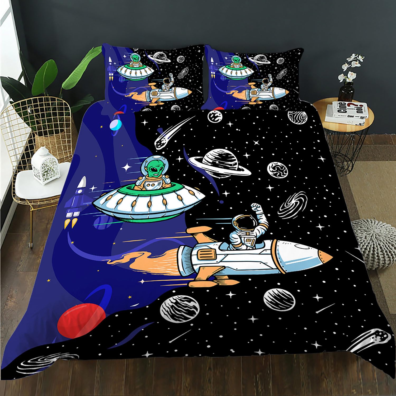 AILONEN Astronaut Duvet Cover Twin Size, Size, Cute Cartoon Astronaut Bedding Set for Kids Boys,Crazy Alien Comforter Cover,3 PCS,1 Quilt Cover and 2 Pillowcases