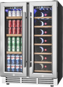 icyglee 24" wine and beverage refrigerator, dual zone wine cooler with glass door, hold 88 cans and 21 bottles, built in or freestanding under counter wine fridge with blue led light.