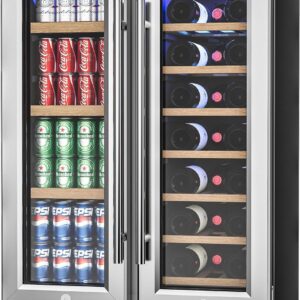 Icyglee 24" Wine and Beverage Refrigerator, Dual Zone Wine Cooler with Glass Door, Hold 88 Cans and 21 Bottles, Built in or Freestanding Under Counter Wine Fridge with Blue LED Light.