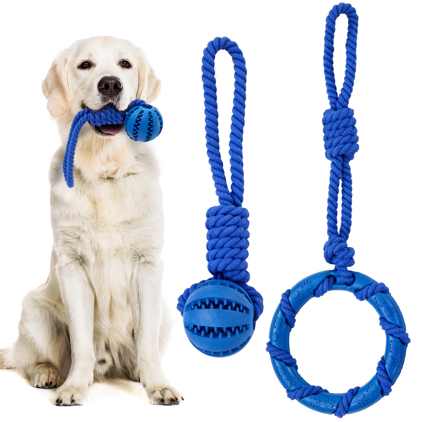 CANINE CANYON Dog Chew Toys 2 Pack, Dog Toys for Teeth Cleaning, Teething Rubber Ring & Ball with Cotton Rope Dog Toys to Keep Them Busy with Tug of War, Fetching, for Puppies, Small & Medium Dogs