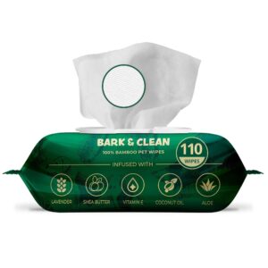 dog wipes for cleaning and deodorizing - 8.5" x 9" bamboo pet wipes - compostable, hypoallergenic puppy wipes - dog wipes for paws, butt, and body (110 wipes (1 pack of 110))