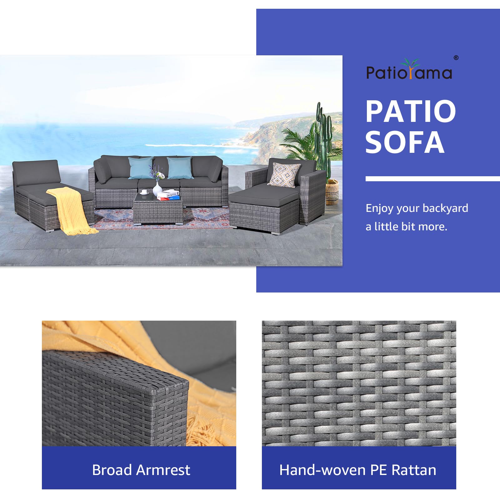 Patiorama 2-Piece Patio Furniture Sofa Set, Outdoor Sectional Sofa, All-Weather Grey PE Wicker Rattan Conversation Set, Outdoor Loveseat, Patio Seating for Balcony Garden Pool (Dark Grey Cushion)