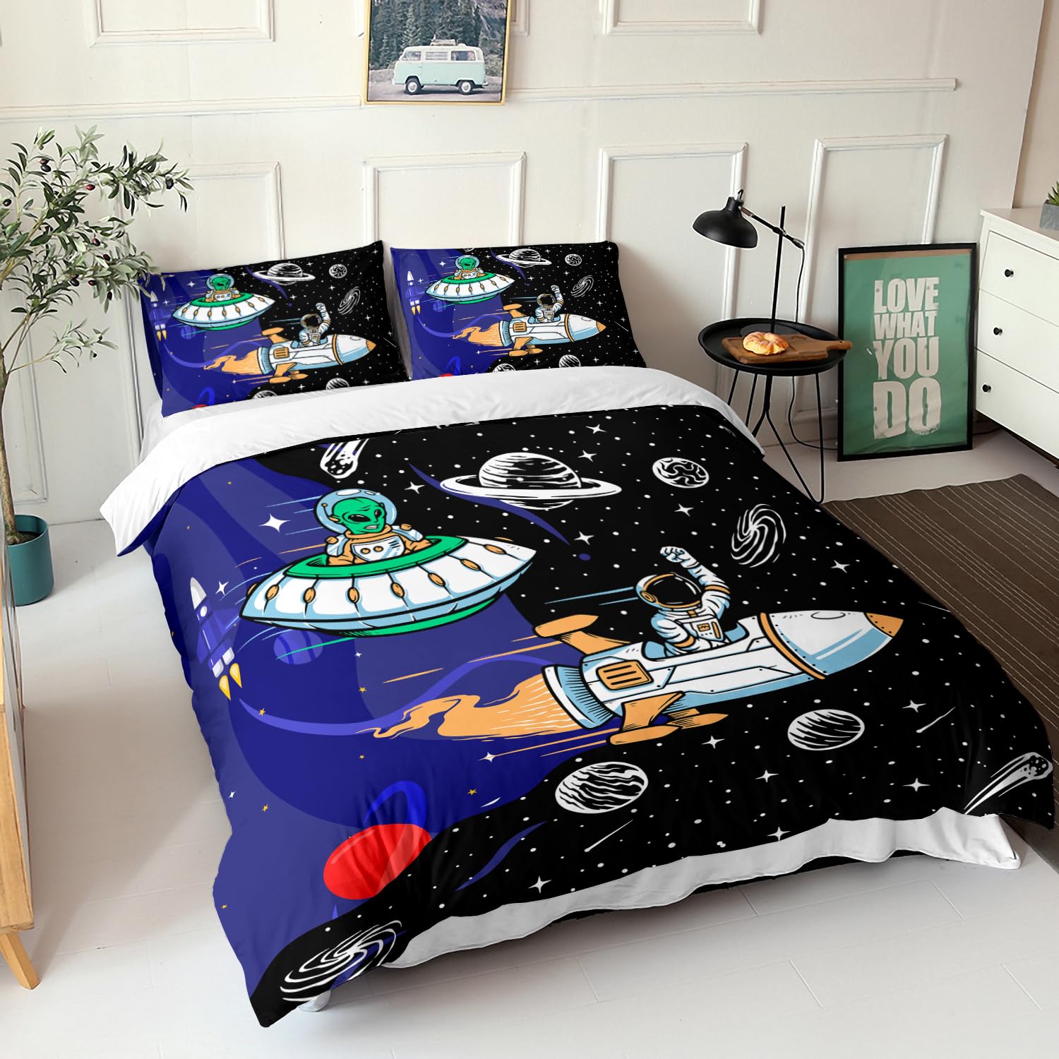 AILONEN Astronaut Duvet Cover Twin Size, Size, Cute Cartoon Astronaut Bedding Set for Kids Boys,Crazy Alien Comforter Cover,3 PCS,1 Quilt Cover and 2 Pillowcases