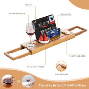 Foldable Teak Bathtub Tray with Expandable Handles - Luxury Small Bathtub Caddy with Wine Glass & Phone Holder for Spa Relaxation & Bath Tub Accessories