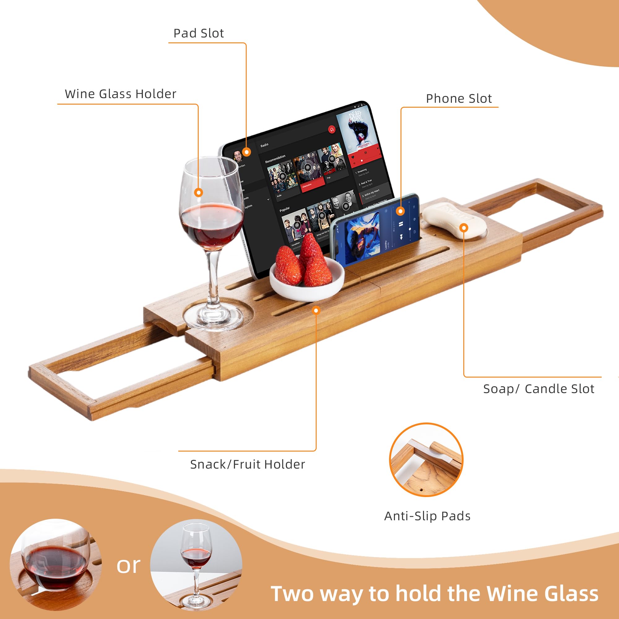 Foldable Teak Bathtub Tray with Expandable Handles - Luxury Small Bathtub Caddy with Wine Glass & Phone Holder for Spa Relaxation & Bath Tub Accessories