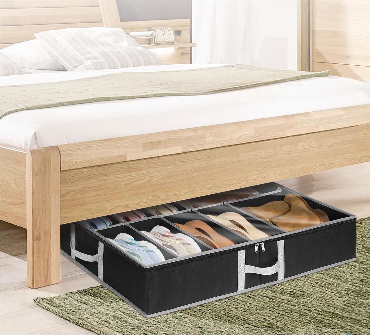 boailydi Under Bed Shoe Storage, 2 Pack Adjustable Velcro Shoe Organizer Under Bed With Bottom & Side Support, Sturdy Structure Underbed Shoe Storage Container with Cover, Space-Saving Shoe Box