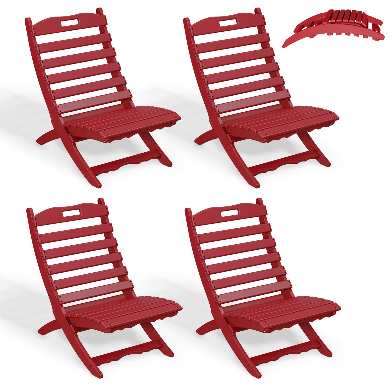 GREENVINES Folding-Xavier-Chairs Set of 4 | Wave | Portable Adirondack-Chair | HDPE Plastic | All Weather Fire-Pit Chair | Red | for Beach Outdoor Deck Poolside Garden Patio Porch Fishing