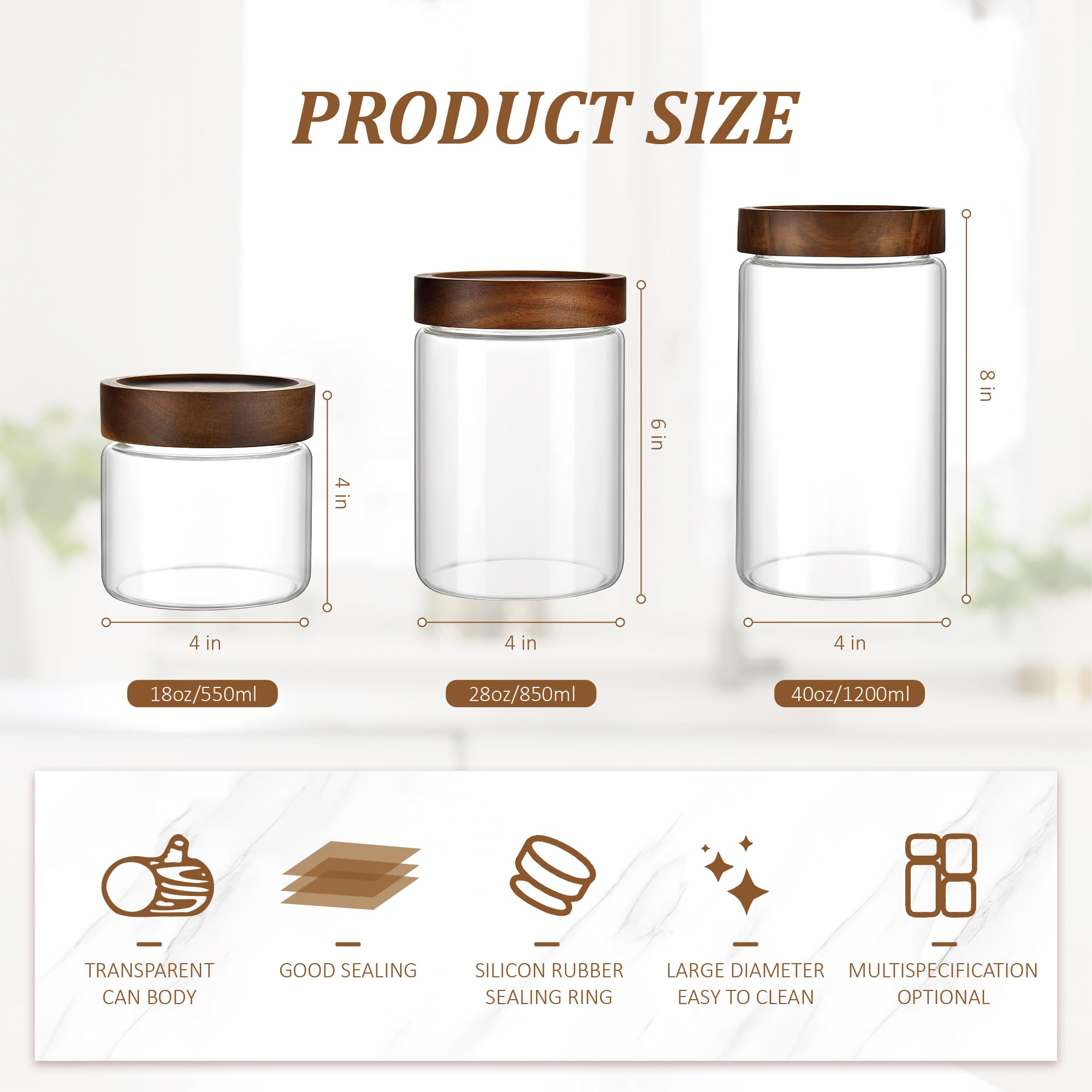 MOLADRI 28 oz/850 ml Clear Glass Storage Canister with Airtight Wooden Screw Lid, Medium Cute Decorative Glass Container Jar for Coffee,Spice,Candy,Salt,Cookie,Condiment,Pepper,Sugar,Overnight Oatmeal