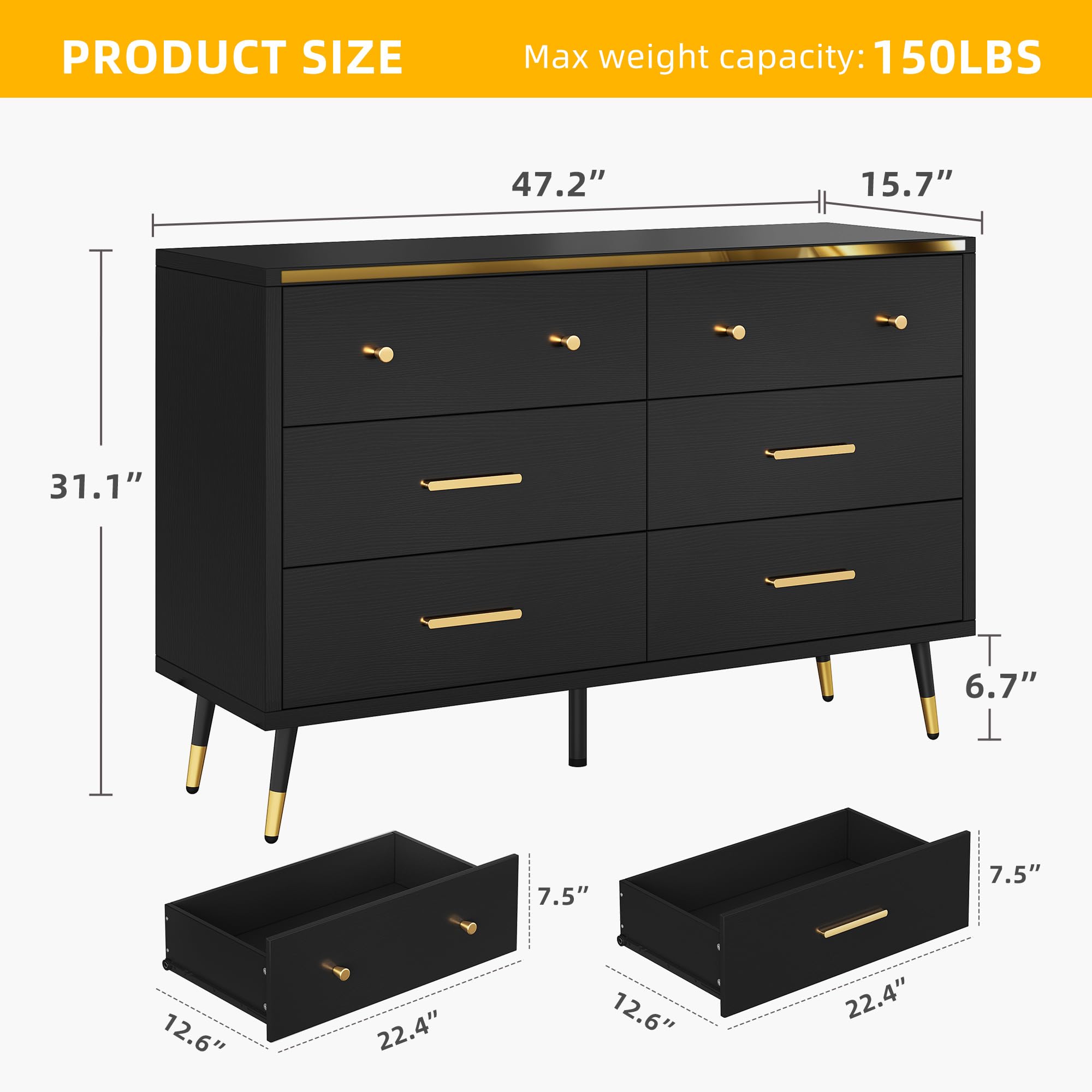 DWVO Black 6 Drawer Dresser, 47" W Large Double Dresser Chest of Drawers, Modern Wood Storage Dresser Organizer with Golden Metal Handles & Anti-Tipping Device for Hallway, Entryway, Dresser Room