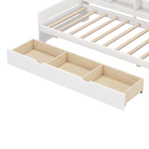 OUYESSIR Twin Size Daybed with 3 Storage Drawers, Upholstered Day Bed Frame with Bookcase Headboard and Full Wood Slats for Kids Teens Adult Boys Girls, No Box Spring Needed, White