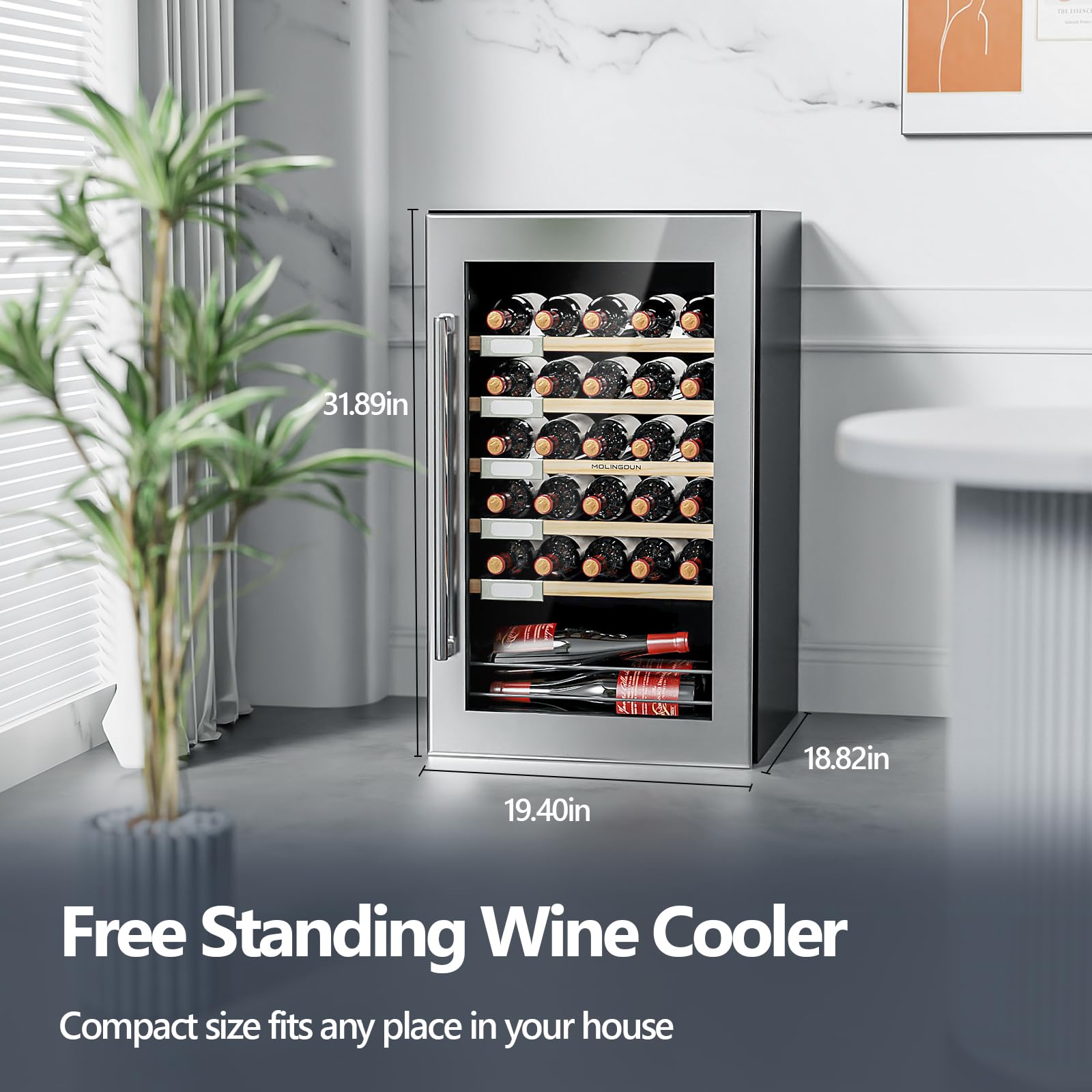 MOLINGDUN Wine Fridge, 33 Bottles Freestanding Wine Cooler, Intelligent Compressor, Frost Free, Stainless Steel Door, 41-64℉ Digital Temperature Control, for Red, White, Champagne or Sparkling Wine