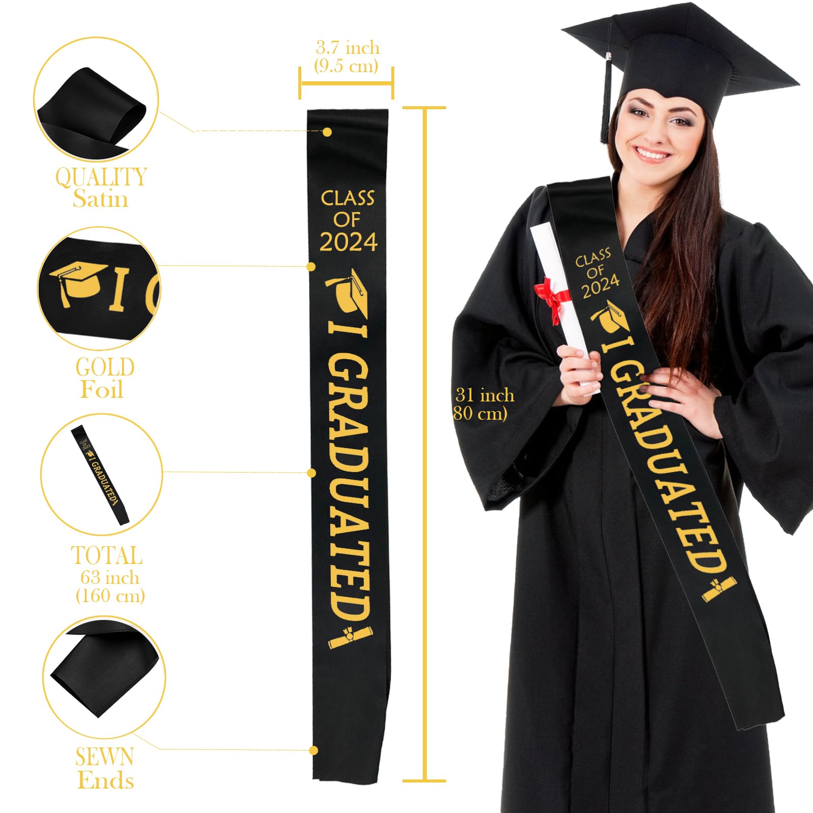 JOJO FLY Black Graduation Sash with Gold Glitter Letter I Graduated, Class of 2024 for Graduation Party 2024, Graduation Decorations 2024, Graduation Party Supplies