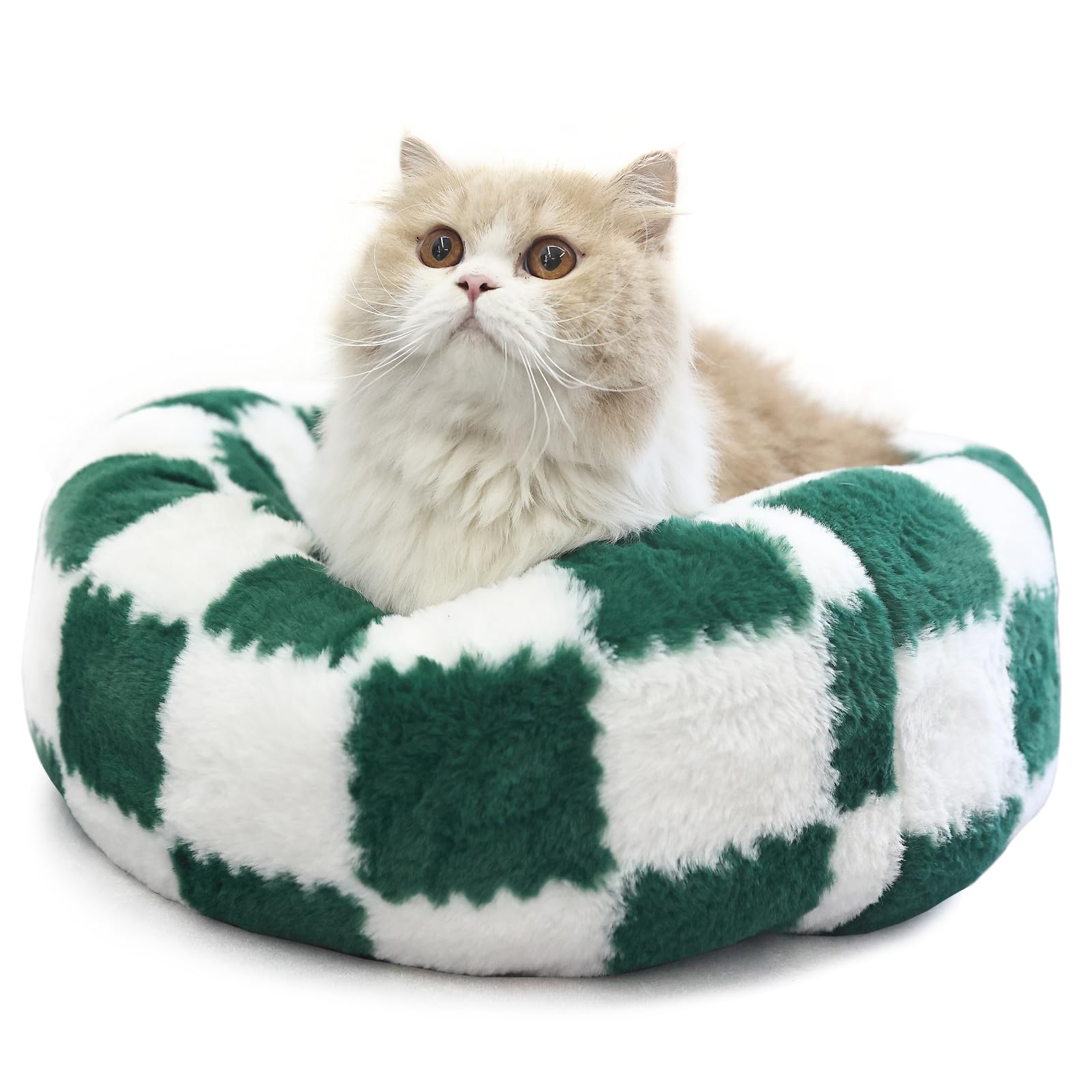 wrkfree Cat Beds for Indoor Cats Washable Self Warming Soft Round Cat Bed for Anxiety Orthopedic Green Pattern Mordern 20 Inch