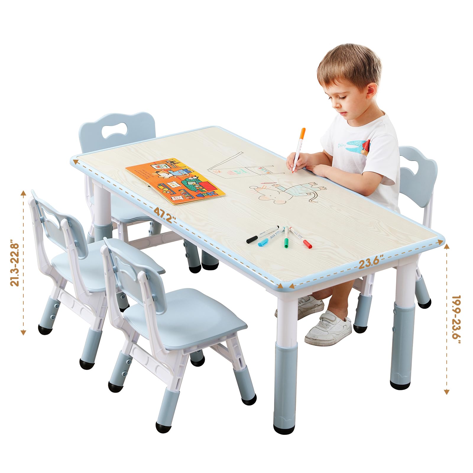 JIAOQIU Kids Table and Chair, Toddler Table and Chair Set, Adjustable Kids Table, Non-Slip Table Legs&Organizer, Graffiti Desktop, Suitable for Kids Table and Chairs Ages 3-12