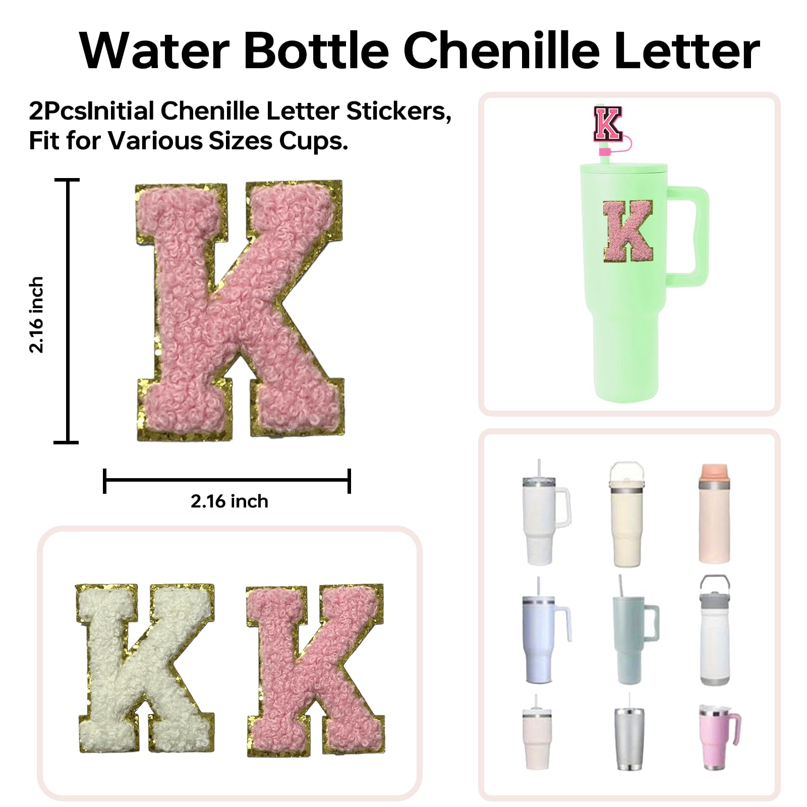 Kacuozx 6PCS Stanley Cup Letter Charm Accessories, Silicone Straw Cover Cap Toppers, Adhesive Chenille Letter Patch Sticker, Initial Letter Hydro Charms for Stanley 30 40 Oz Tumblers Handle Decor K