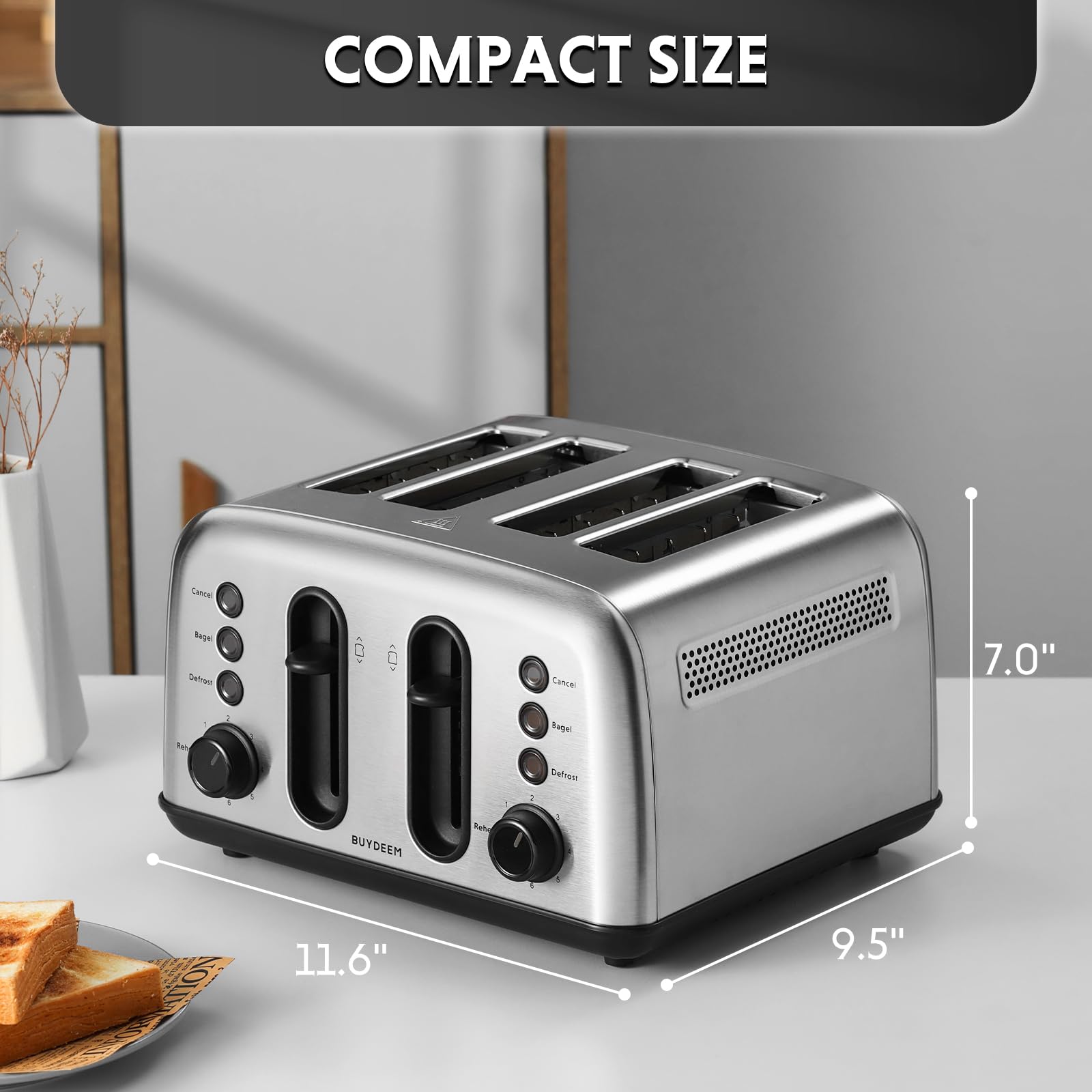 BUYDEEM DT440 4 Slice Toaster, Stainless Steel Toaster with Extra Wide Slots for Bagels, Muffins, High Lift Lever, 6 Shade Settings, Retro Sliver