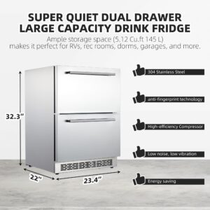 24 inch Undercounter Refrigerators with Weatherproof Full Stainless Steel Body, Built-in Beverage Refrigerator for Home and Commercial Use, Stainless Steel Door, Fast Cooling, Low Noise, 37-65 °F