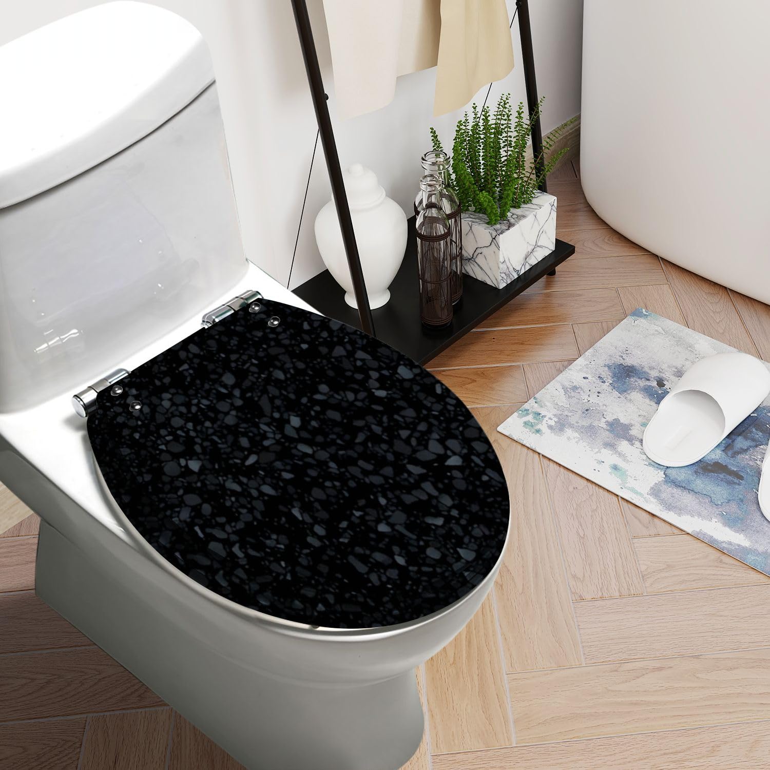 Round Toilet Seat Black terrazzo flooring seamless texture Realistic pattern dark mosaic Resin Toilet Seat Quietly Slow Close with Quick-Release Hinges Toilet Seat with Cover Easy to Clean Install