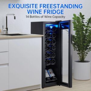 Takywep Mini Wine Fridge 14 Bottle, Wine Cooler Temperature Adjustment Range 41~64°F, Wine Fridge Small with Triple Pane Clear Glass Door, Wine Coolers for Home