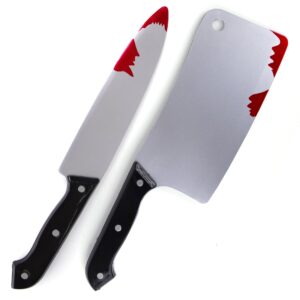 artcreativity fake bloody knife set for halloween - bloody knife prop set with meat cleaver and kitchen knife - two highly detailed plastic knives for halloween costumes - toy knife set with blood