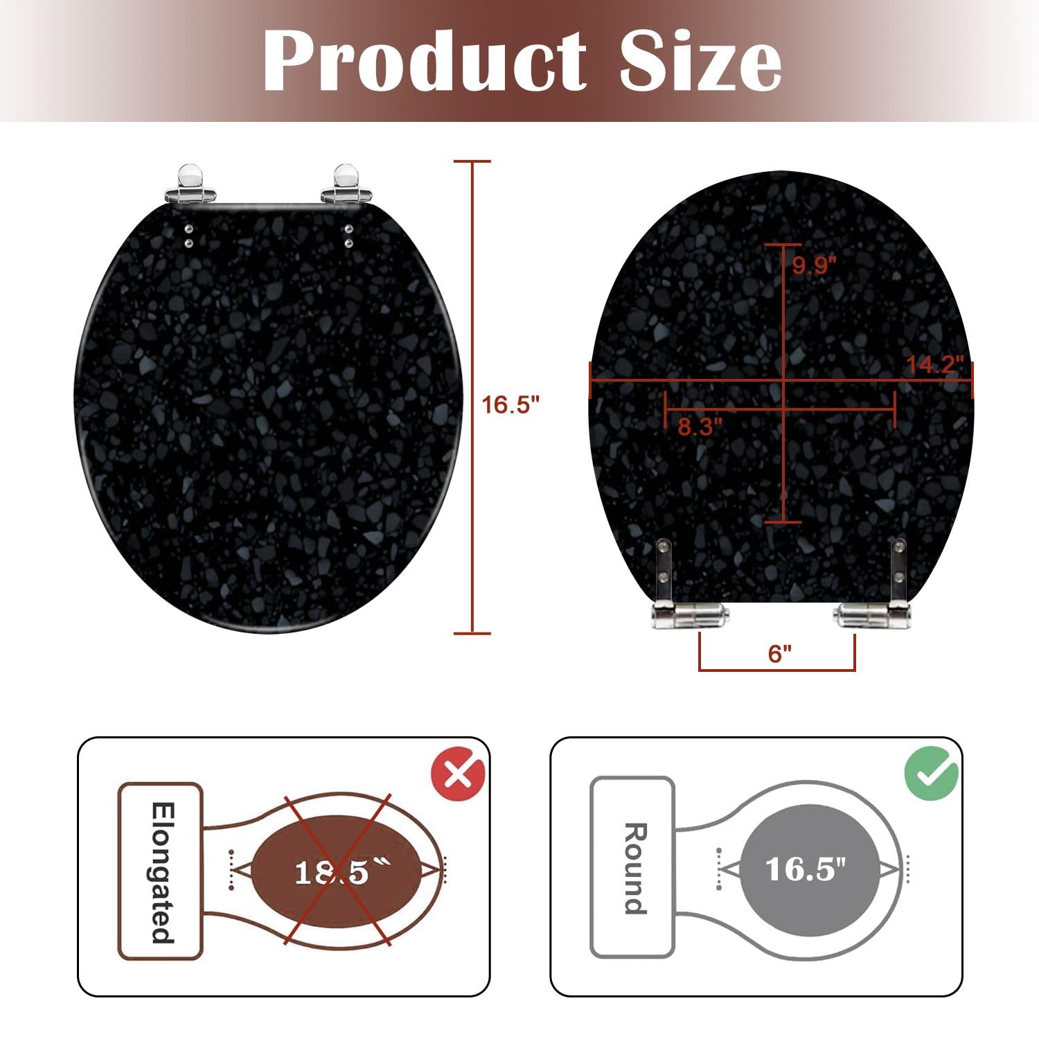 Round Toilet Seat Black terrazzo flooring seamless texture Realistic pattern dark mosaic Resin Toilet Seat Quietly Slow Close with Quick-Release Hinges Toilet Seat with Cover Easy to Clean Install