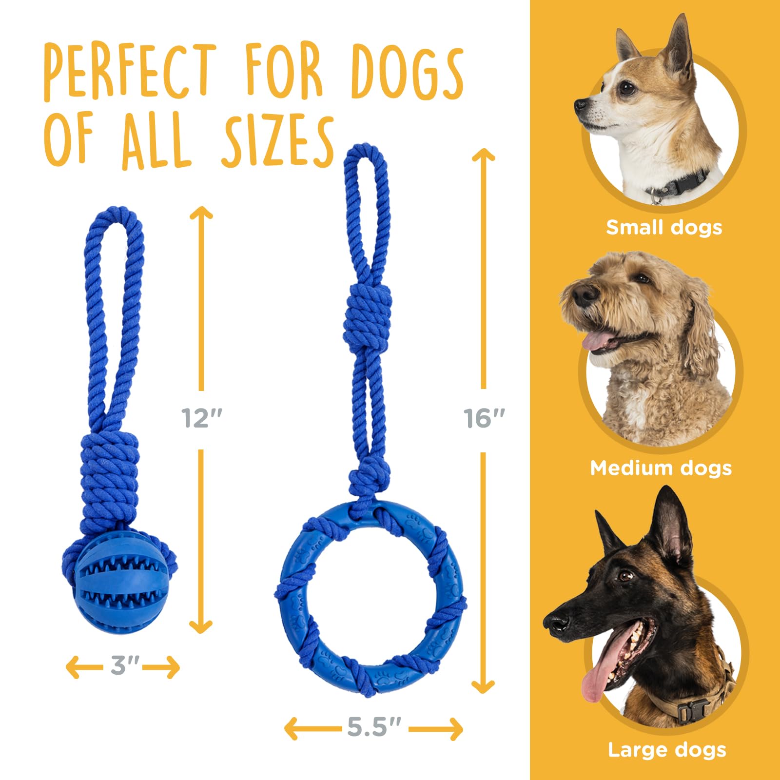 CANINE CANYON Dog Chew Toys 2 Pack, Dog Toys for Teeth Cleaning, Teething Rubber Ring & Ball with Cotton Rope Dog Toys to Keep Them Busy with Tug of War, Fetching, for Puppies, Small & Medium Dogs