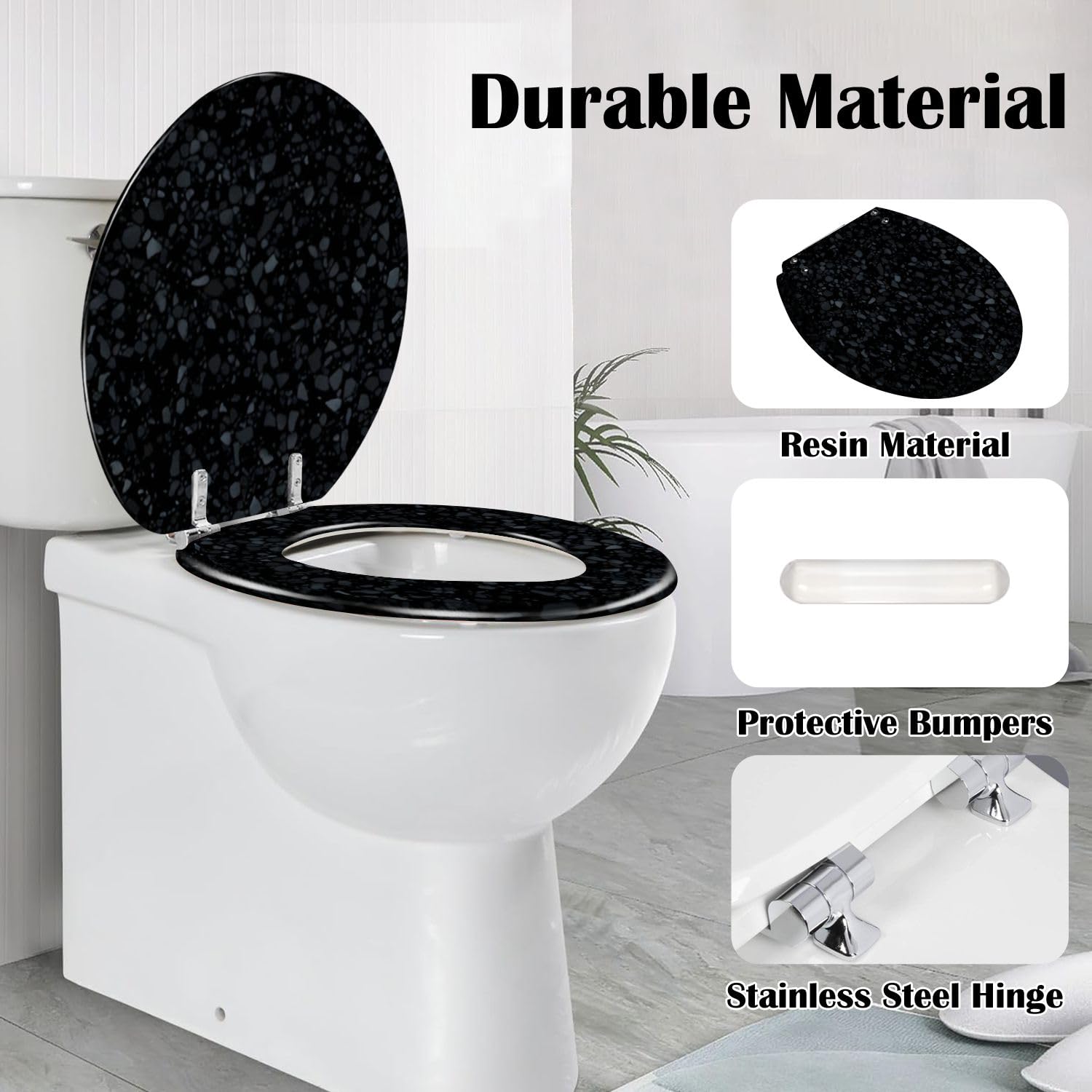 Round Toilet Seat Black terrazzo flooring seamless texture Realistic pattern dark mosaic Resin Toilet Seat Quietly Slow Close with Quick-Release Hinges Toilet Seat with Cover Easy to Clean Install