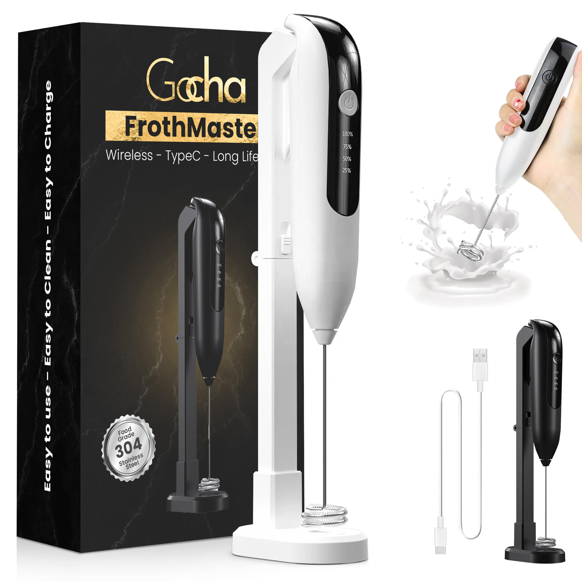 GOCHA Gadgets | Rechargeable Milk Frother Handheld with Stand | Electric Frother Mixer | Foamer for Coffee, Cappuccino, Latte, Matcha | 2 Speed Adjustable | Portable Type-C Wireless Charging | (White)