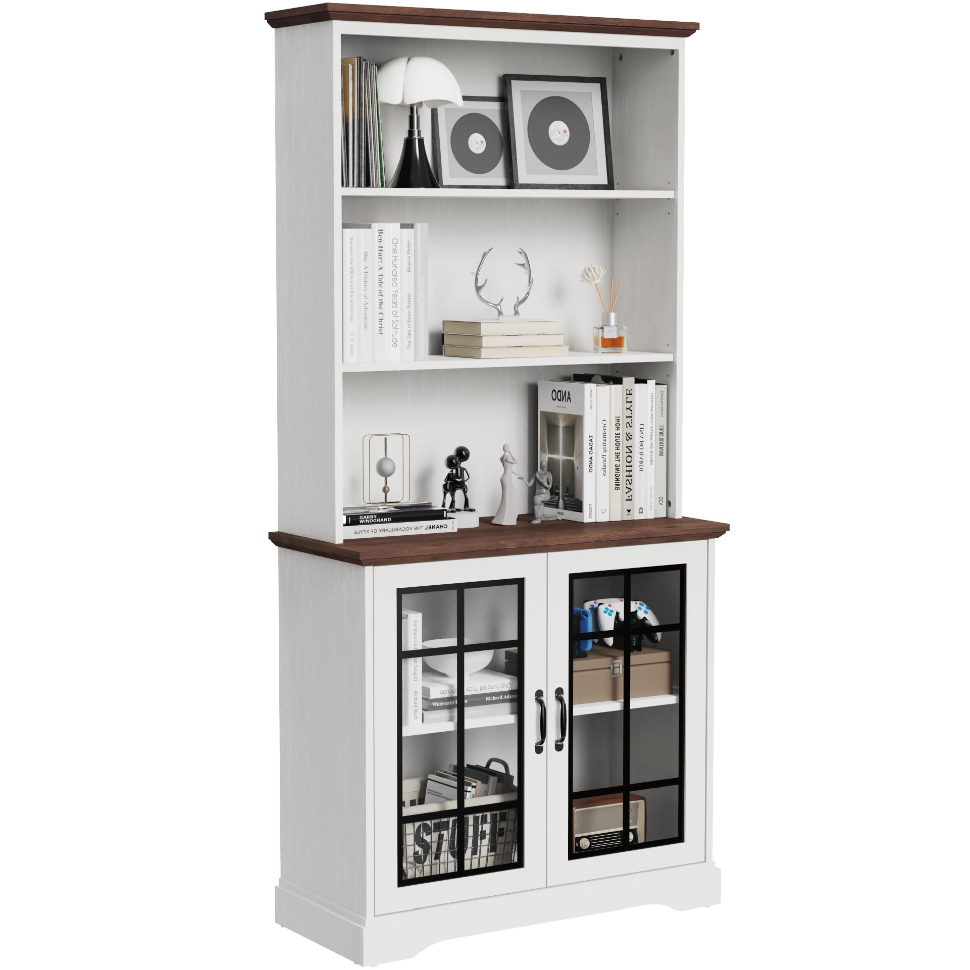 blini 5 Shelf Tall Bookcase with Glass Doors White Bookshelf 31in Wide Display Standing Storage Shelf 72in Tall Wood Book Shelves for Bedroom Living Room Office Library