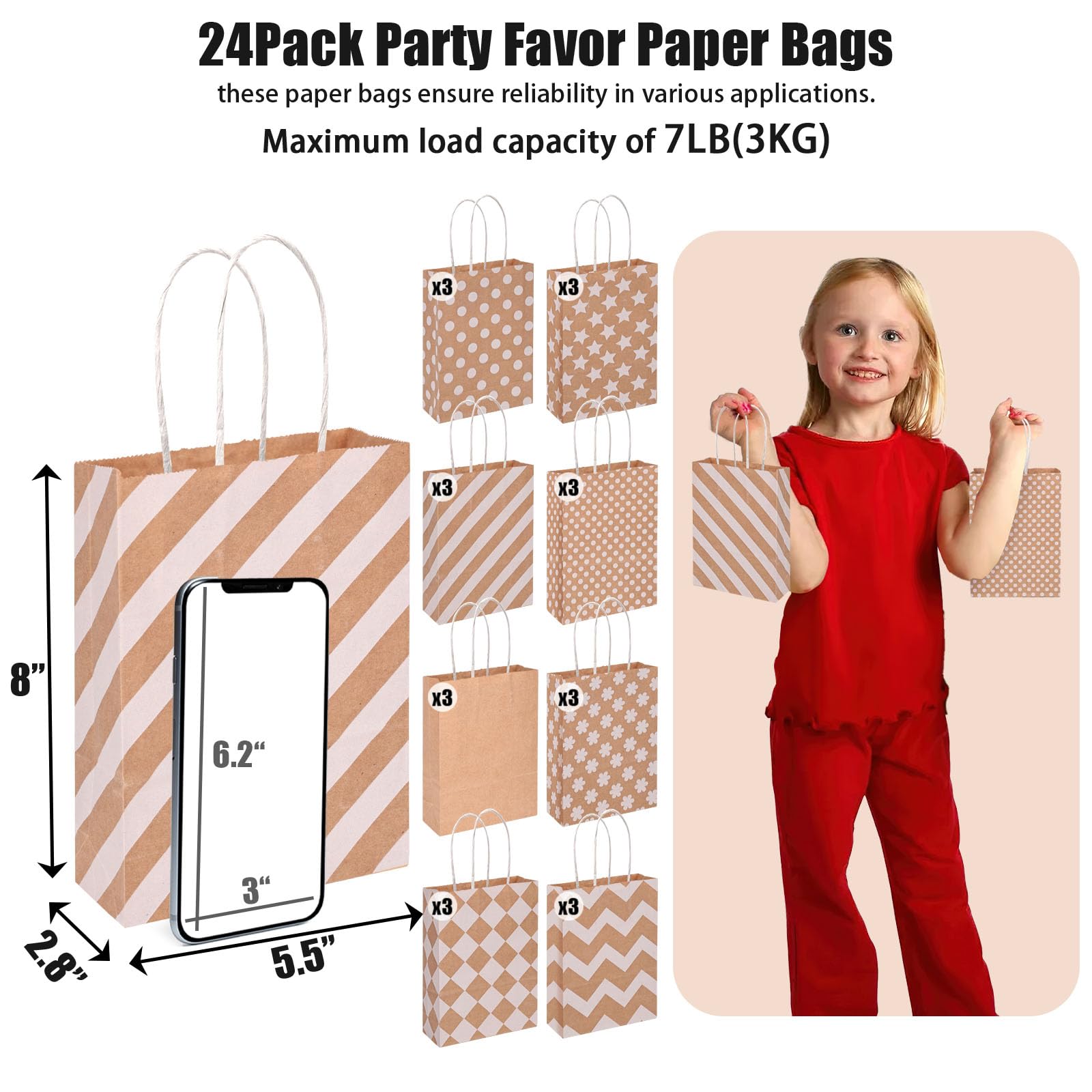 TOXOY 24PCS Paper Bags with Handles, 5.5"x2.8"x8" Gift Bags Bulk Polka Dot Striped Gift Bags Party Favor Bags Goodie Bags for Birthday Wedding Party Supplies