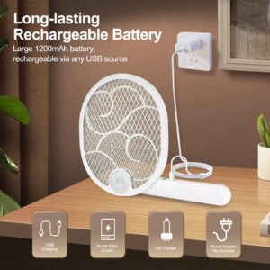 Foldable Electric Fly Swatter Racket, USB Rechargeable with 1200mAh Battery, Large 2 in 1 Bug Zapper Racket, Fly Killer and Mosquito Trap Lamp, for Indoor and Outdoor Home Backyard Patio Camping