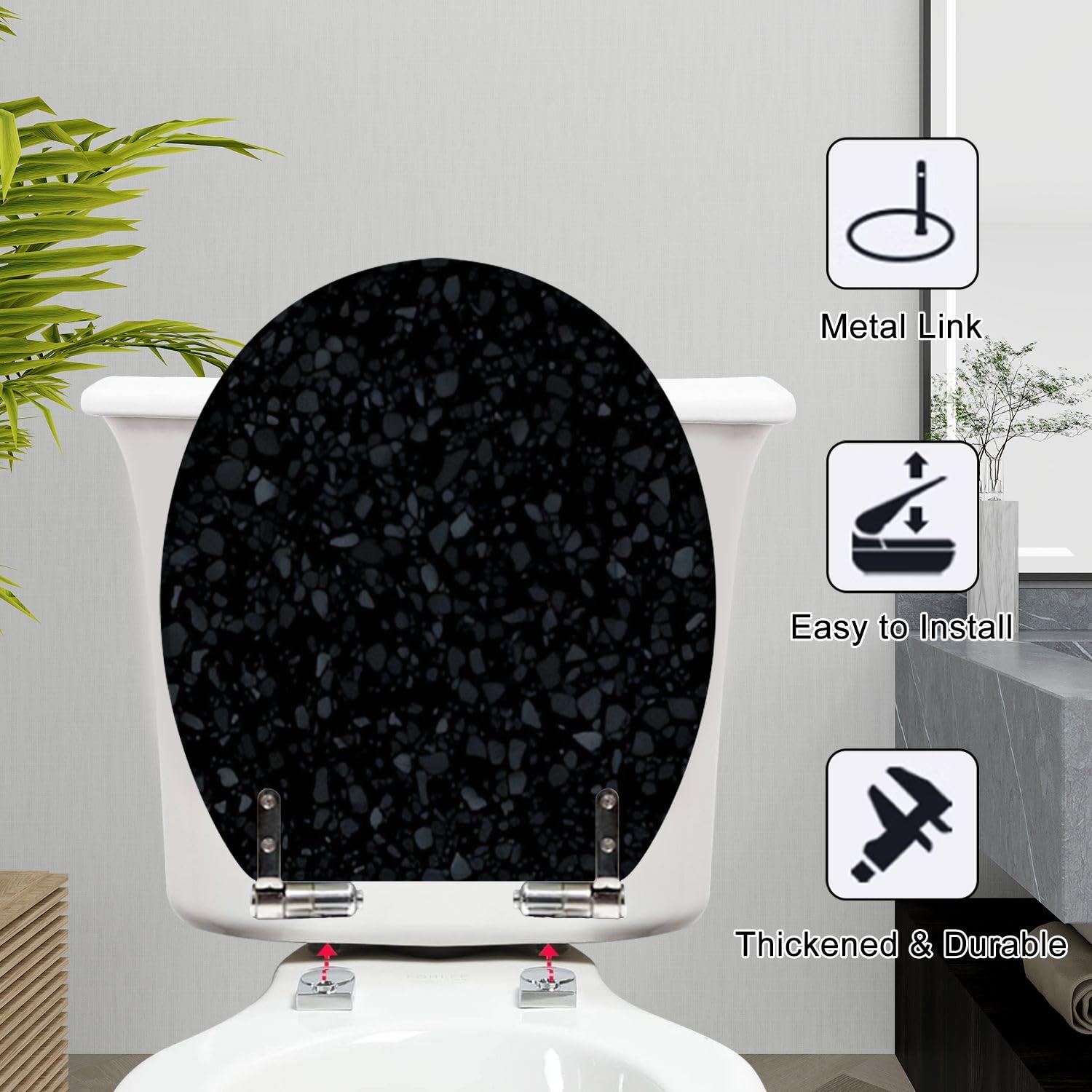 Round Toilet Seat Black terrazzo flooring seamless texture Realistic pattern dark mosaic Resin Toilet Seat Quietly Slow Close with Quick-Release Hinges Toilet Seat with Cover Easy to Clean Install