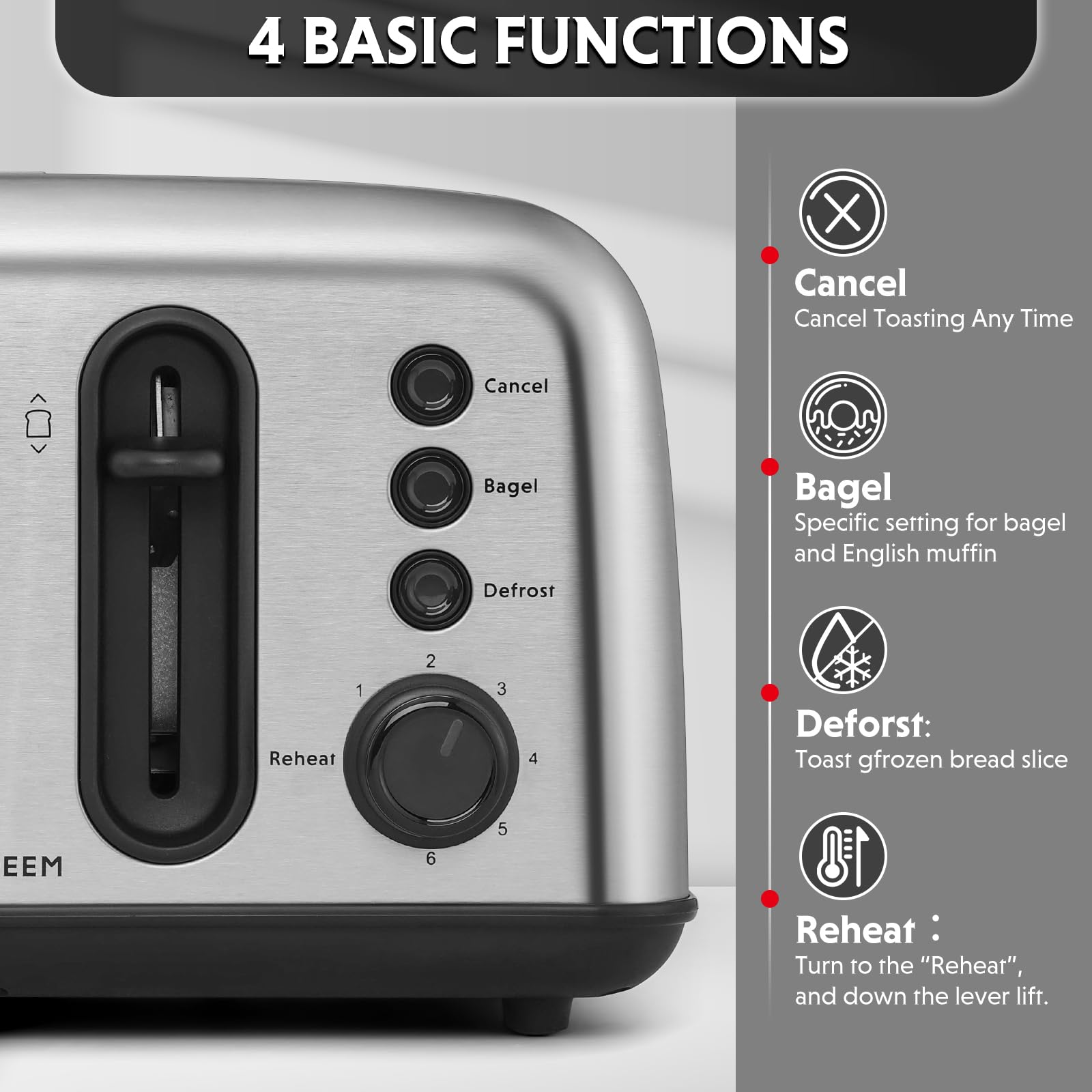 BUYDEEM DT440 4 Slice Toaster, Stainless Steel Toaster with Extra Wide Slots for Bagels, Muffins, High Lift Lever, 6 Shade Settings, Retro Sliver